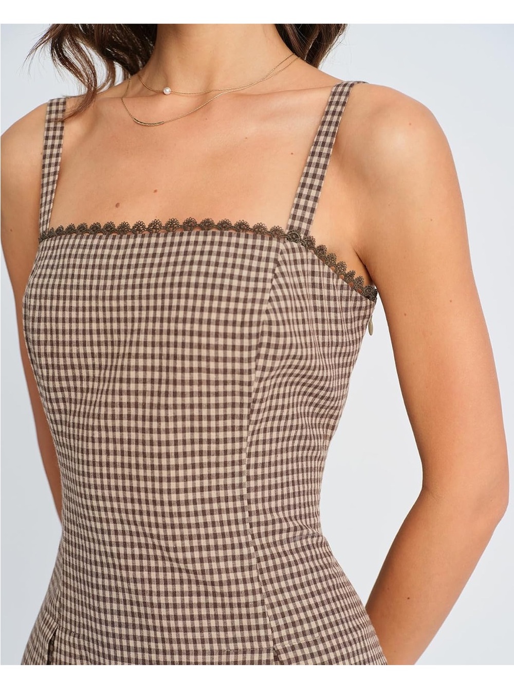 ✨NWT✨Brown Gingham Square-Neck Mini Dress - Picture 4 of 4